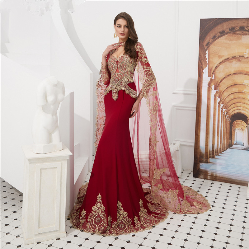 Luxury Wine Red Long Sleeve Muslim Dubai kaftans Pakistani Evening Dress Golden Lace Mermaid Dress With Detachable Long Shawl