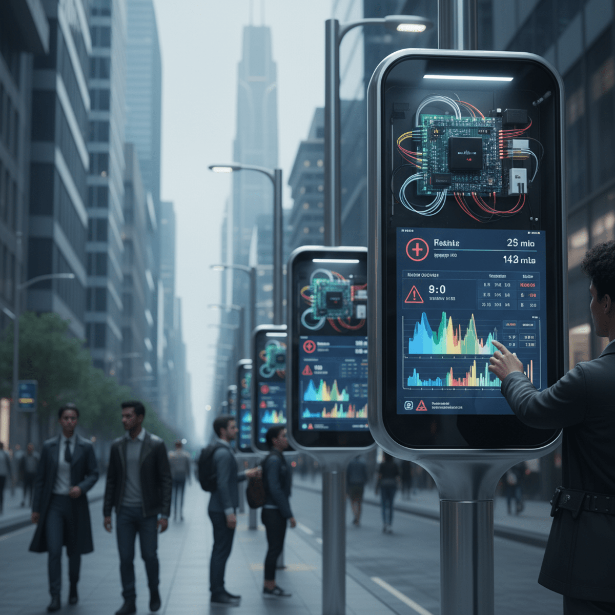 Futuristic urban street with interactive digital signage displaying transit and air quality data.