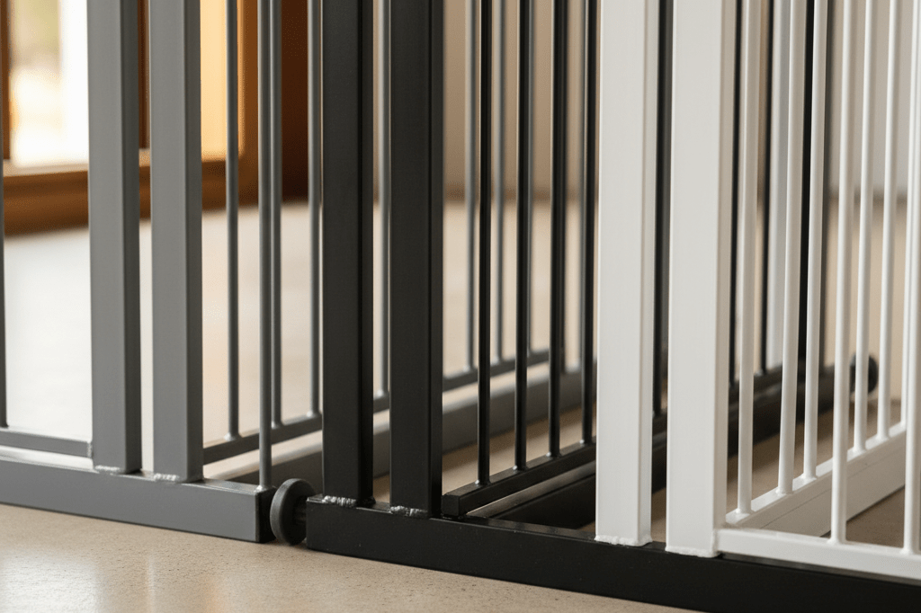 Photorealistic close-up image of gray, black, and white child safety gates featuring unsafe gaps under natural indoor lighting.
