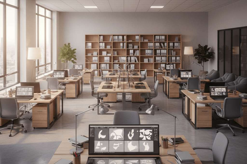 Wide shot of a bright, open animation studio workspace showcasing desks, storyboards, and creative tools under natural and ambient light.