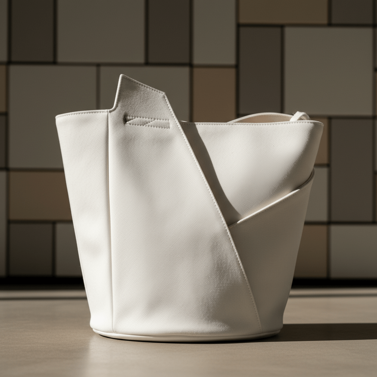 Minimalist white canvas tote with architectural silhouette and pleated panels on concrete.