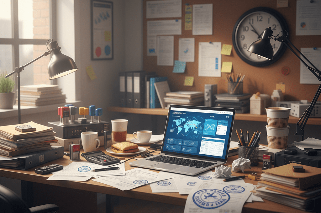 Supply chain desk overwhelmed by trade disruption challenges Cluttered desk with trade documents and logistics tools under soft lighting, representing cross-border trade struggles amid diplomatic tensions