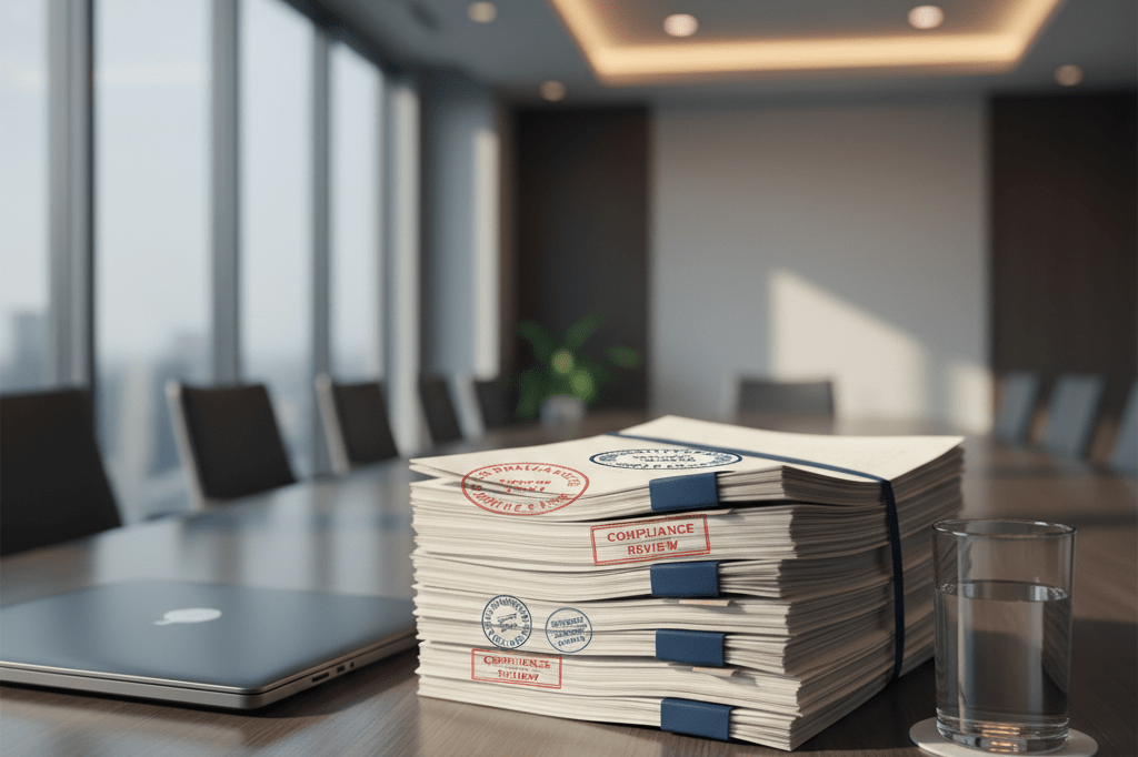 Conference table with legal papers and laptop under natural light symbolizing media deal compliance
