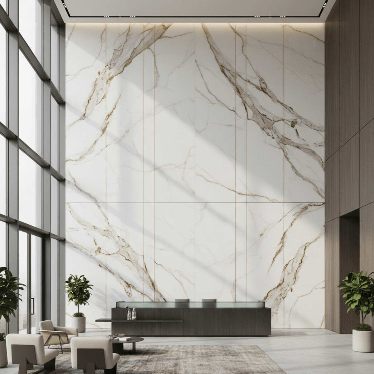 Large porcelain marble panels with gold veining in a modern commercial lobby.