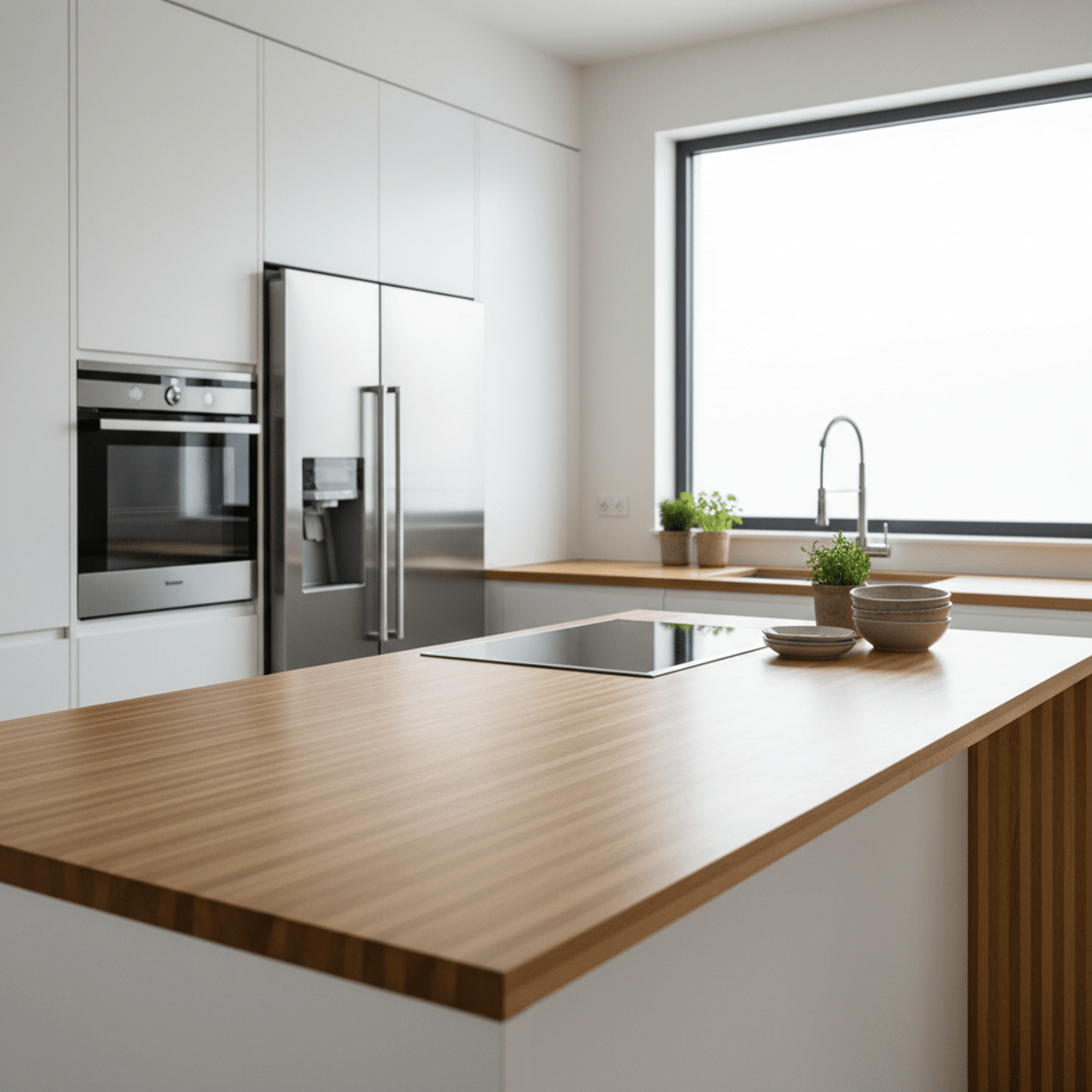 Modern kitchen with honey-blonde bamboo countertops and white cabinetry.