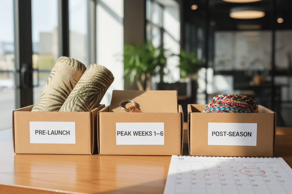 Medium shot of a retail planning desk with three segmented inventory boxes and tropical-themed merchandise samples under natural and office lighting