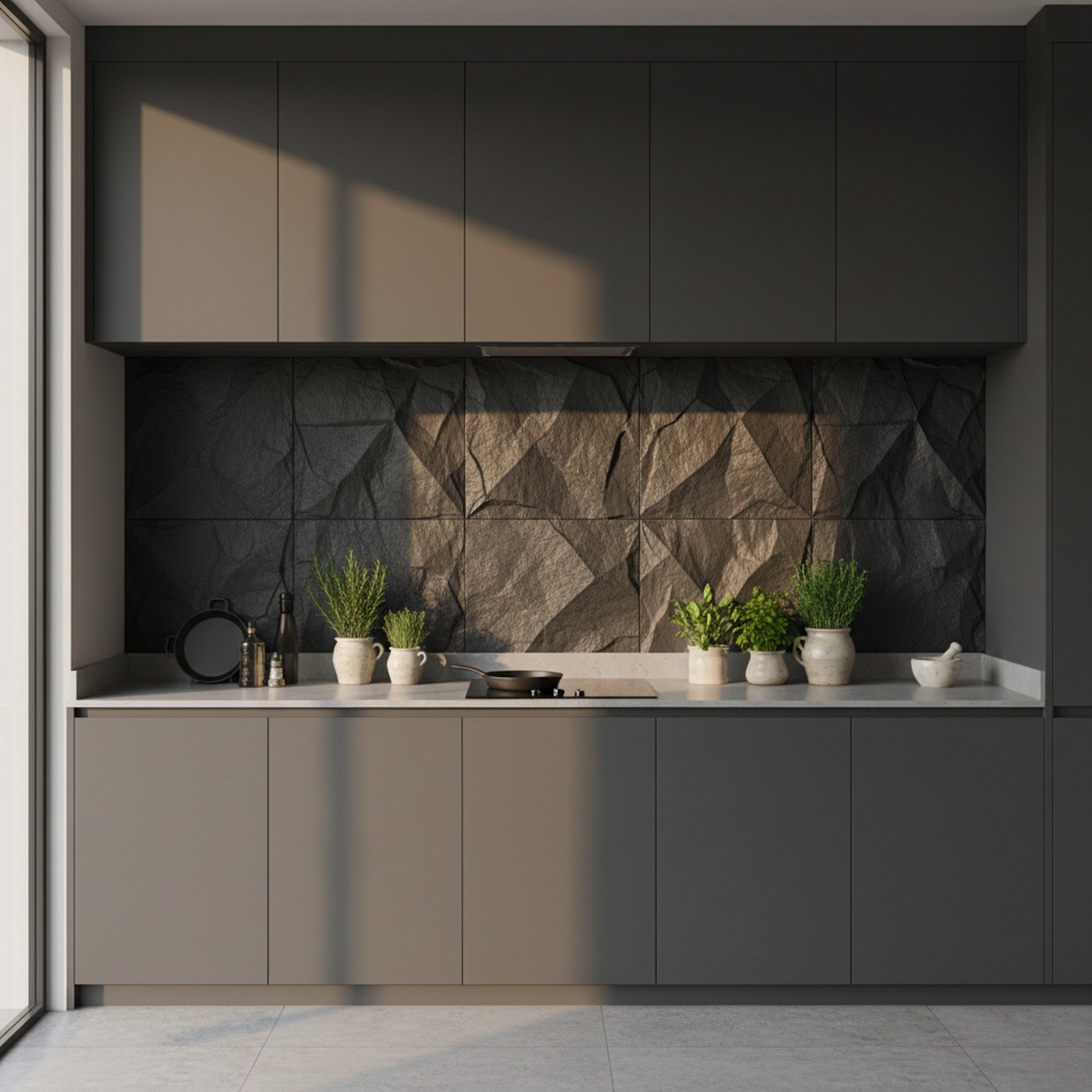 Contemporary luxury kitchen with geometric slate backsplash catching golden hour light.