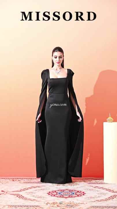Floor-Length Cloak Sleeve Mermaid Black Crepe Long Elegant Modest Gown Evening Dresses for Women Floor-Length Cloak Sleeve Mermaid Black Crepe Long Elegant Modest Gown Evening Dresses for Women