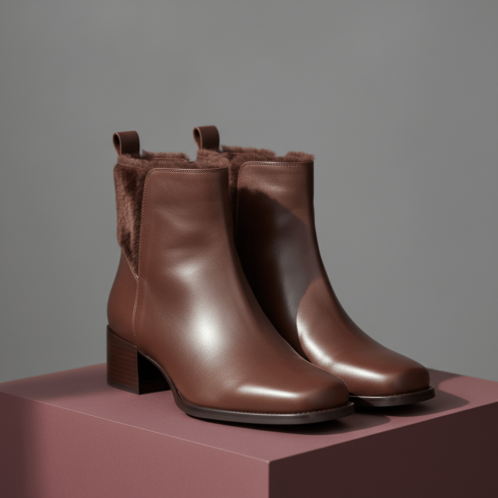 Chocolate leather ankle boots with luxurious fur lining Luxurious chocolate brown leather ankle boots with fur lining on a matte burgundy pedestal.