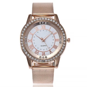 NS0923-2 Luxury Women's Rhinestone Dial Watches Silver & Rose Gold Mesh Wristwatches Fashion Casual Ladies Quartz Clock