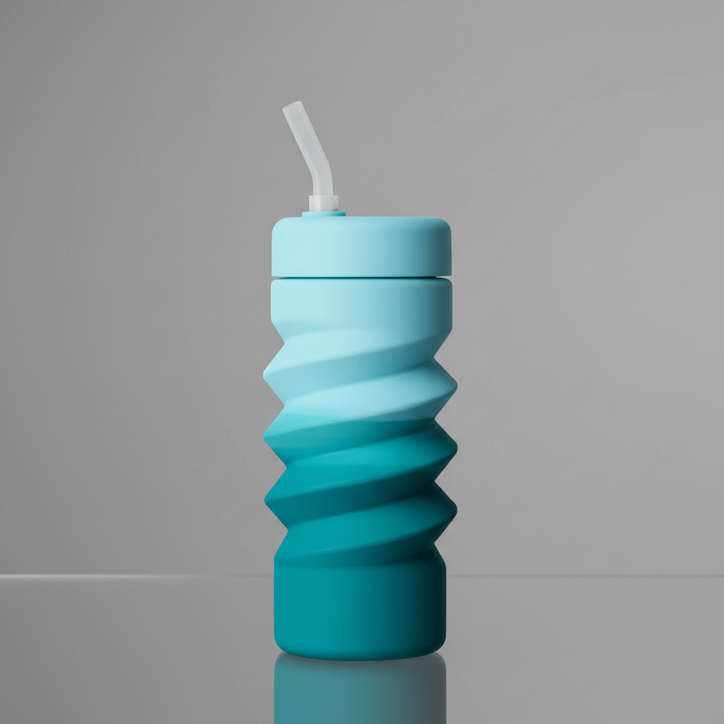 Elegant pleated silicone water bottle with built-in straw, partially expanded.