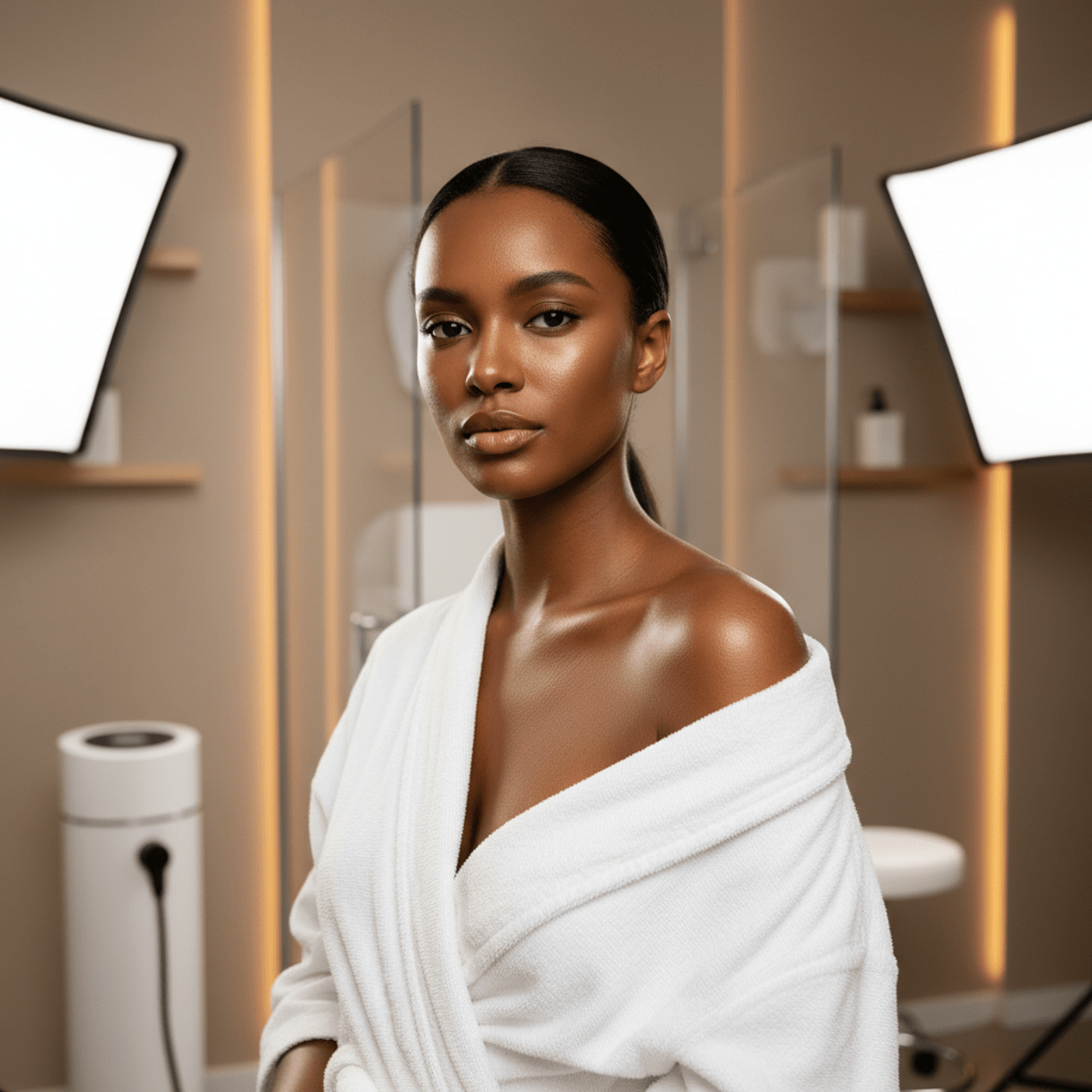 Model with a rich, even bronze skin tone after a professional spray tan session.