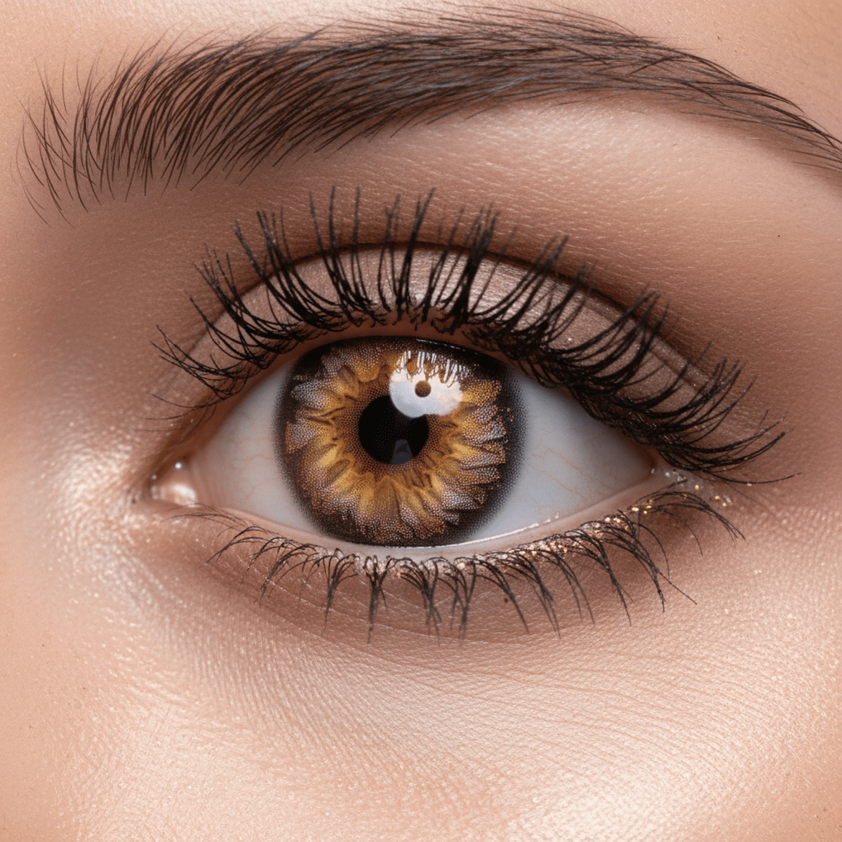 Close-up of an eye with molten gold and silver liquid metal contacts and embedded particles.