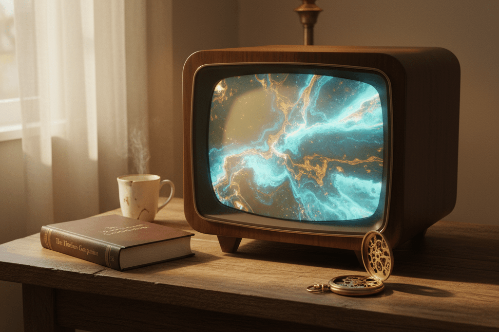 Medium shot of vintage TV glowing with abstract light beside book and pocket watch, evoking legacy and transition in a beloved franchise