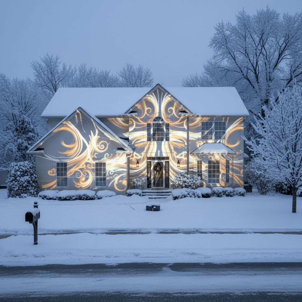 Suburban home illuminated by synchronized Christmas lights on a snowy winter night.