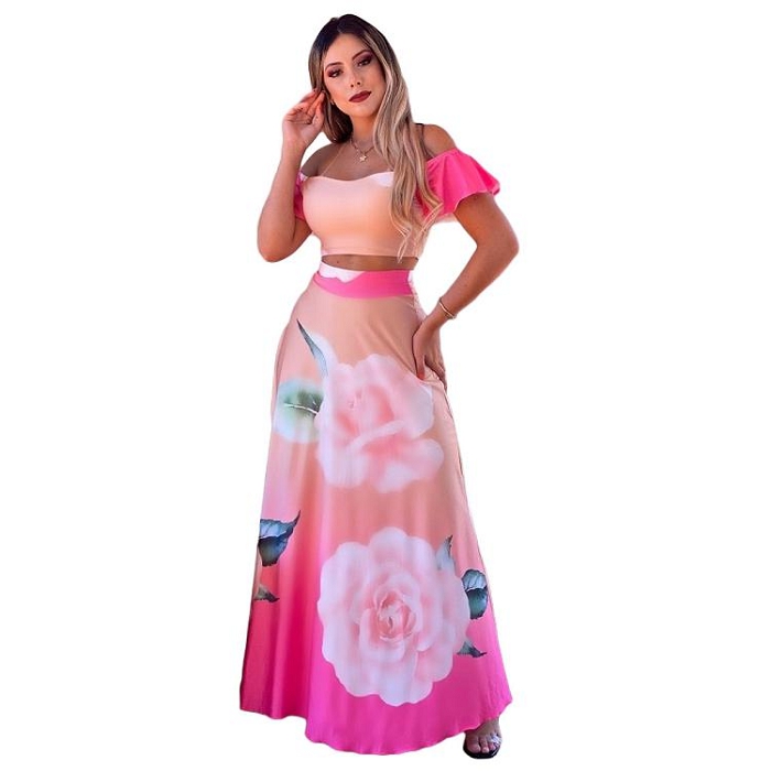 Женский комплект из 2 предметов, Длинный Цветочный комплект с юбкой макси, летний костюм с цветочным принтом
