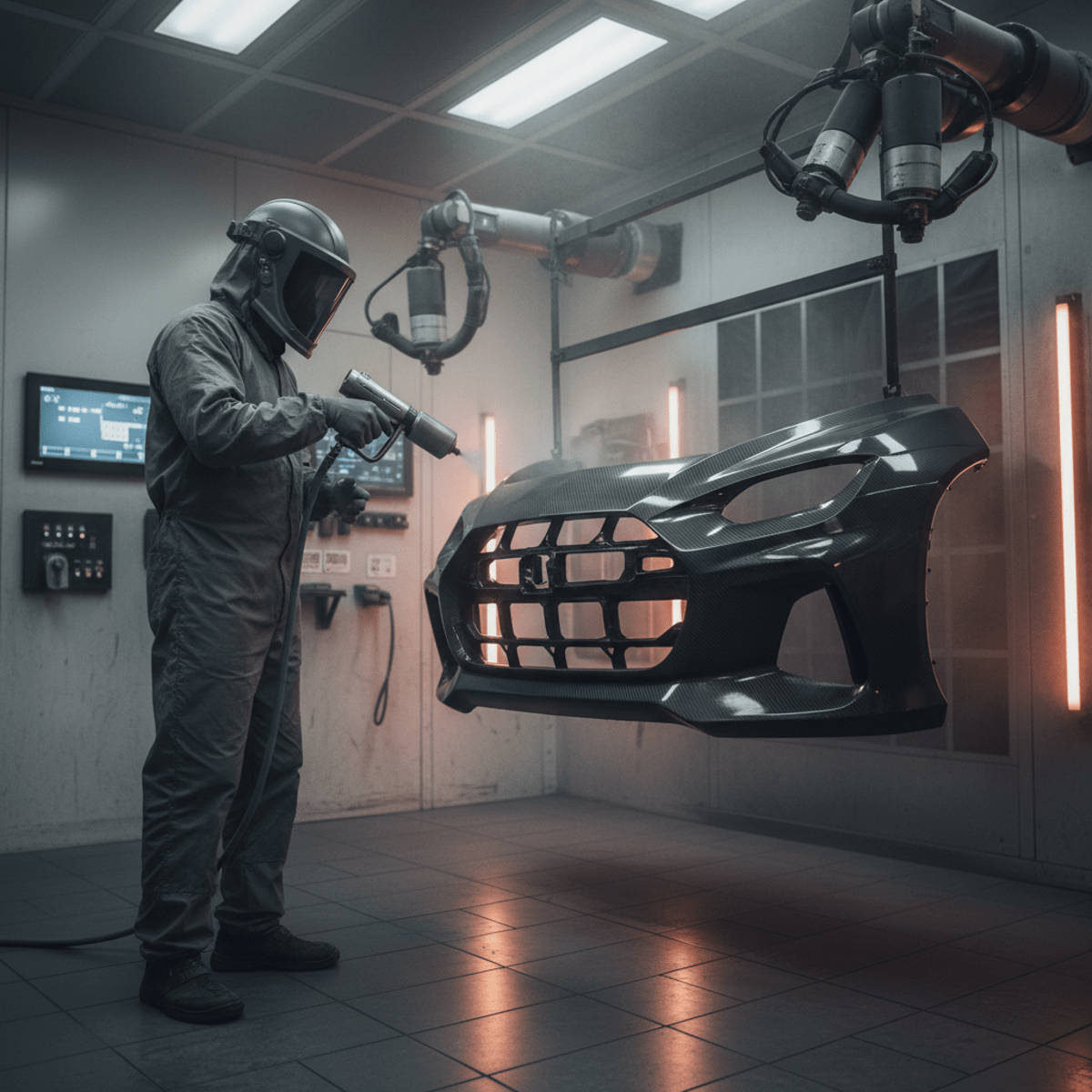 Craftsman powder coating intricate carbon fiber composite panel in futuristic workshop.