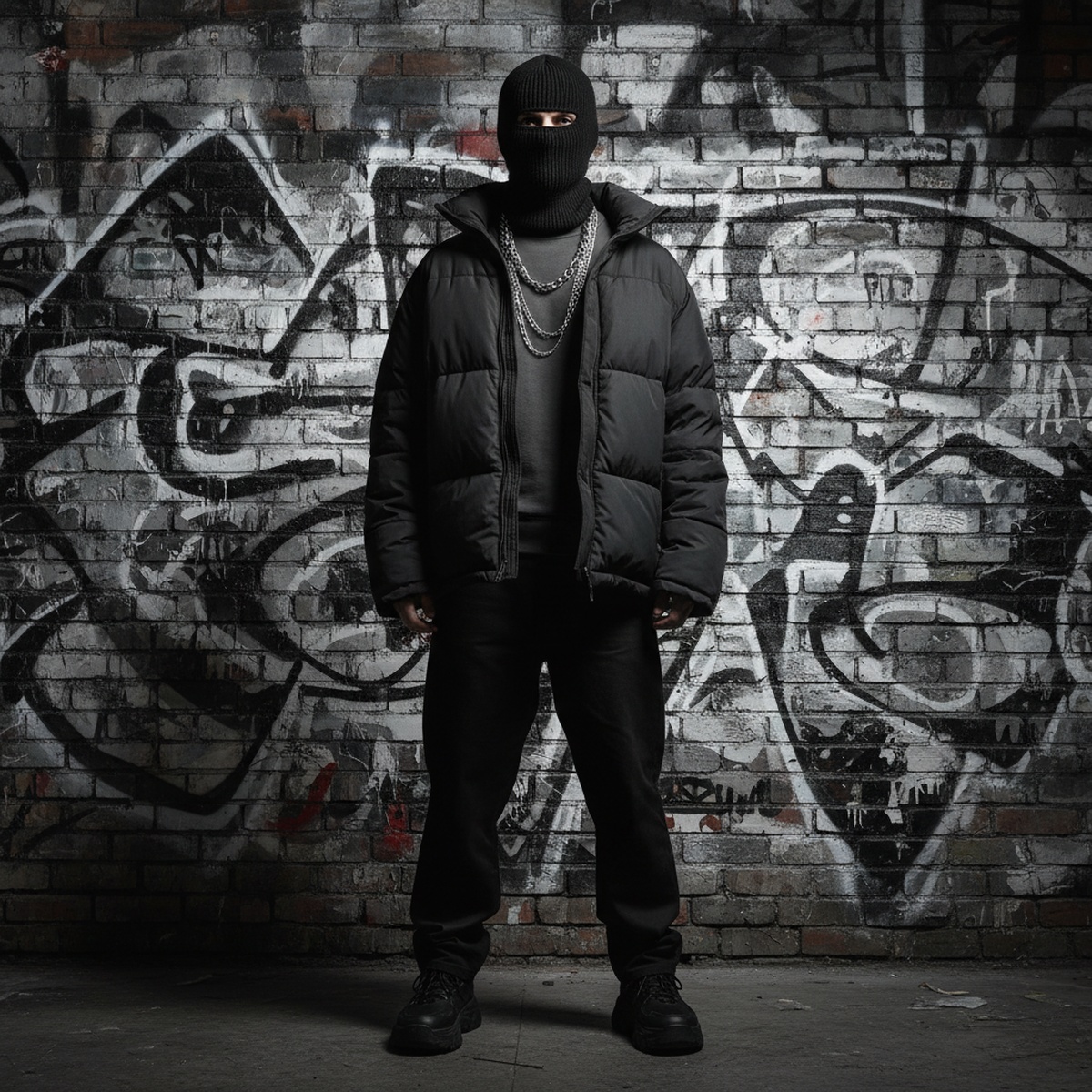 Figure in monochrome puffer jacket and balaclava against graffiti wall.
