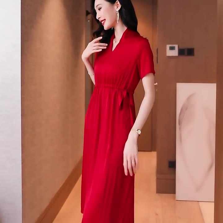 Elegant Korean-Style Short-Sleeved Solid Color Drawstring Women's Mulberry  Silk Dress