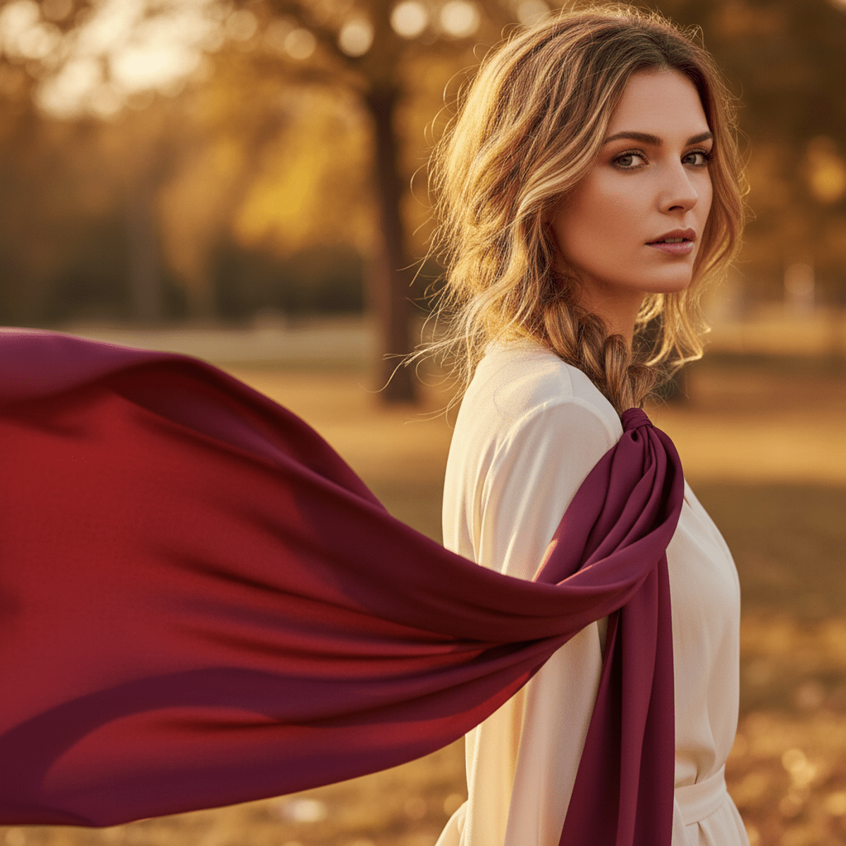 Woman with ultra-long burgundy silk ribbon in braided hair during golden hour.