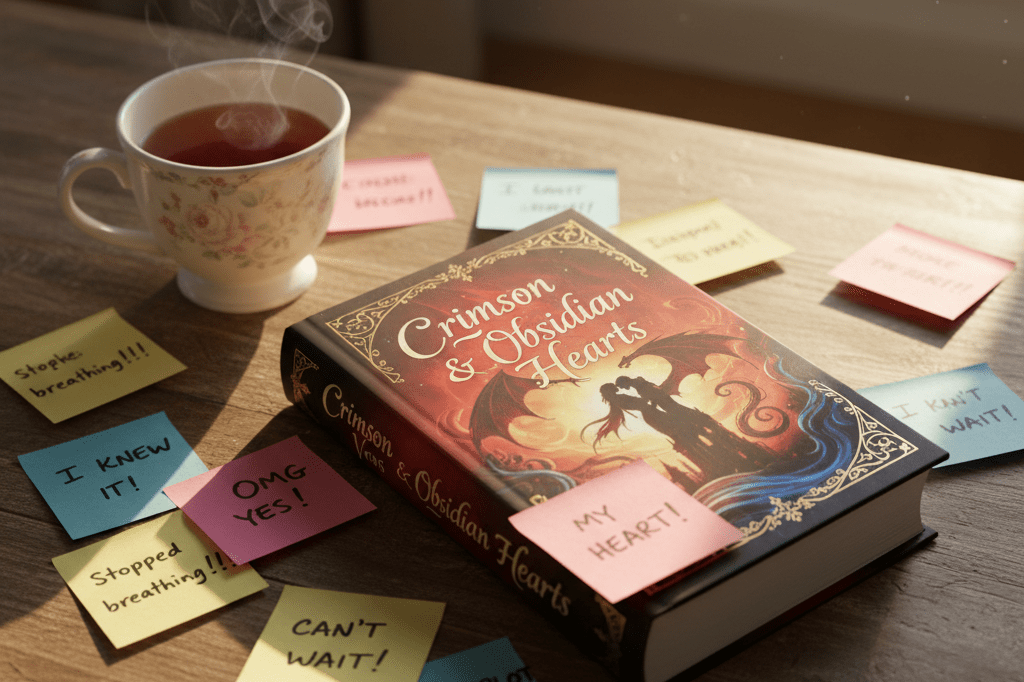 Close-up of fantasy book with excited fan notes and tea on a sunlit table