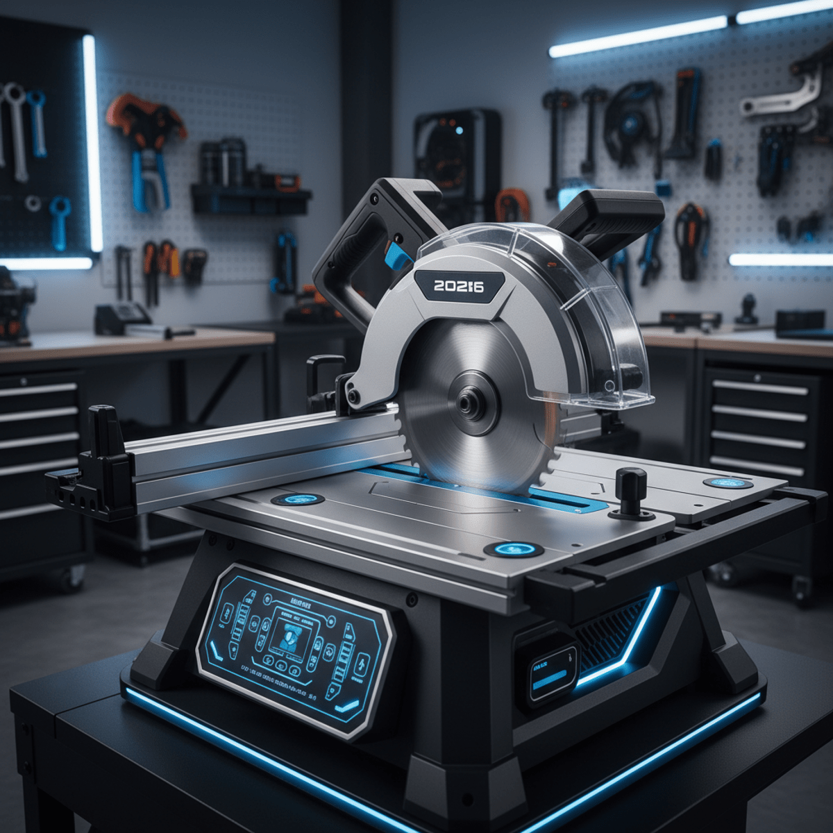 Sleek cordless table saw with safety sensors and illuminated controls in a workshop.