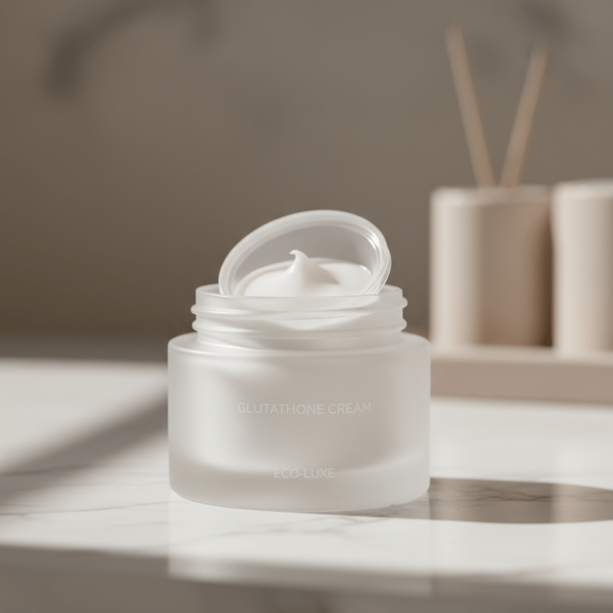 Frosted glass jar with cream refill pod on white marble vanity.