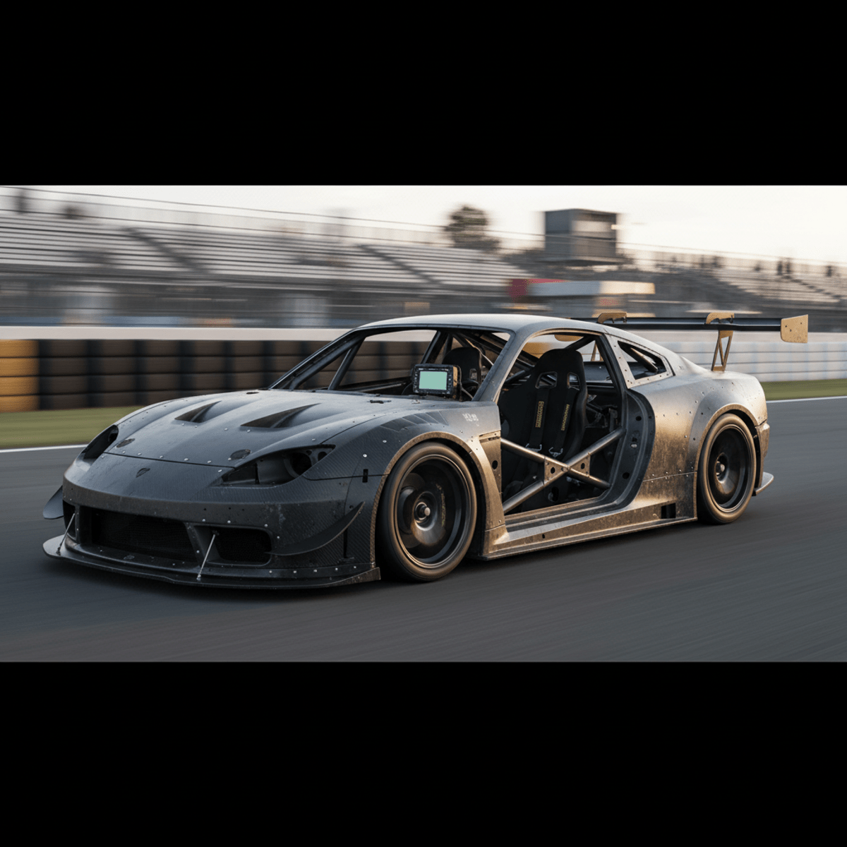 Battle-worn 90s race car in 2026 with matte carbon fiber and intense aerodynamic upgrades.