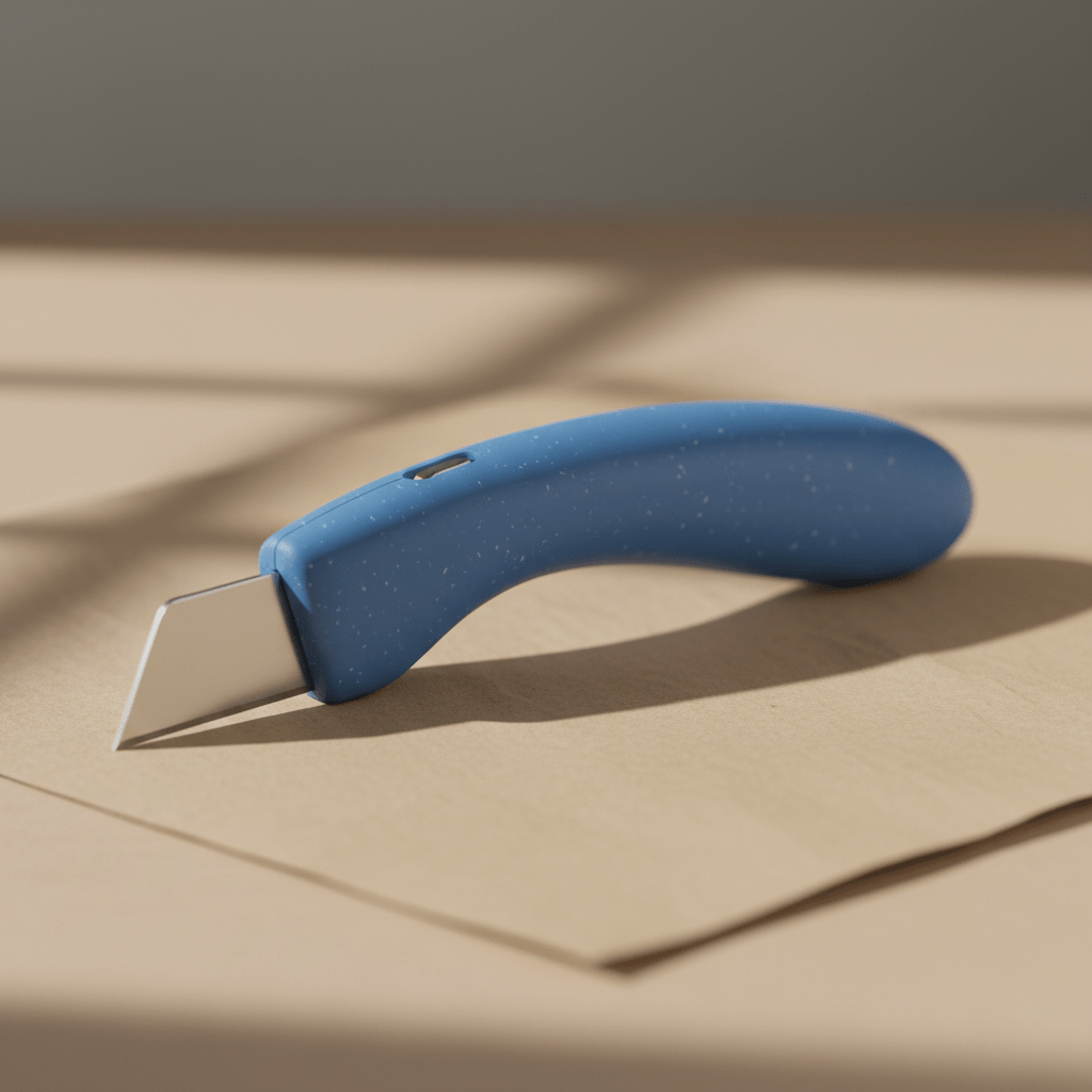 Sleek eco-conscious cardboard cutter with recycled ocean plastic handle on kraft paper.