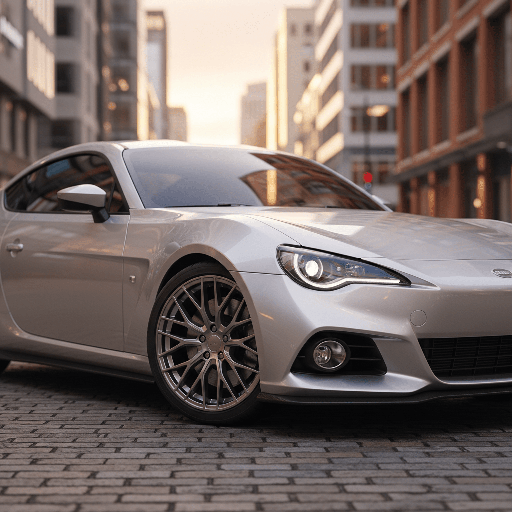 Sleek silver sports coupe parked in city at sunset, showcasing metallic finish.