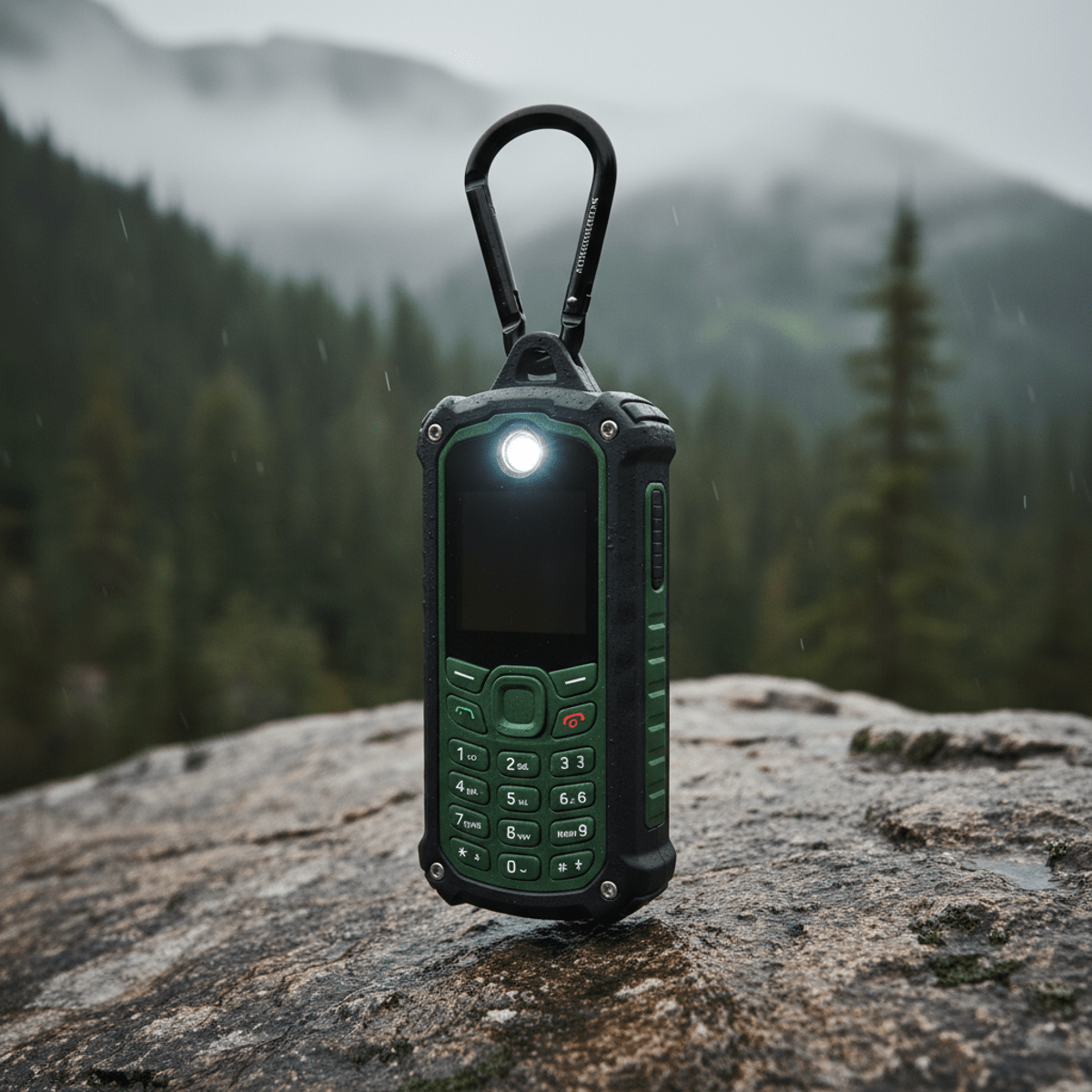 Rugged, water-resistant phone with large buttons hanging from a carabiner on a mountain.