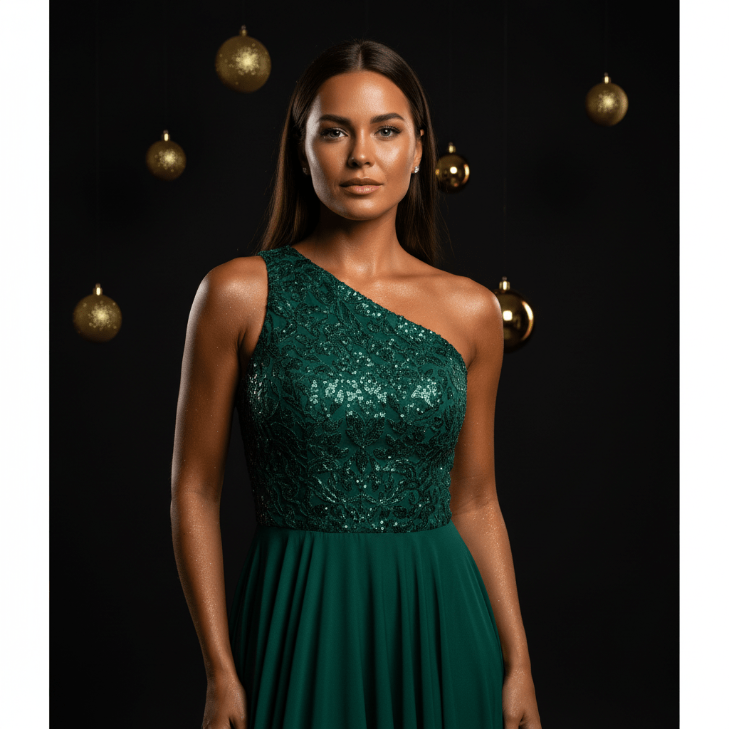 Person in elegant gown with luminous bronze skin and subtle sparkle under studio light.