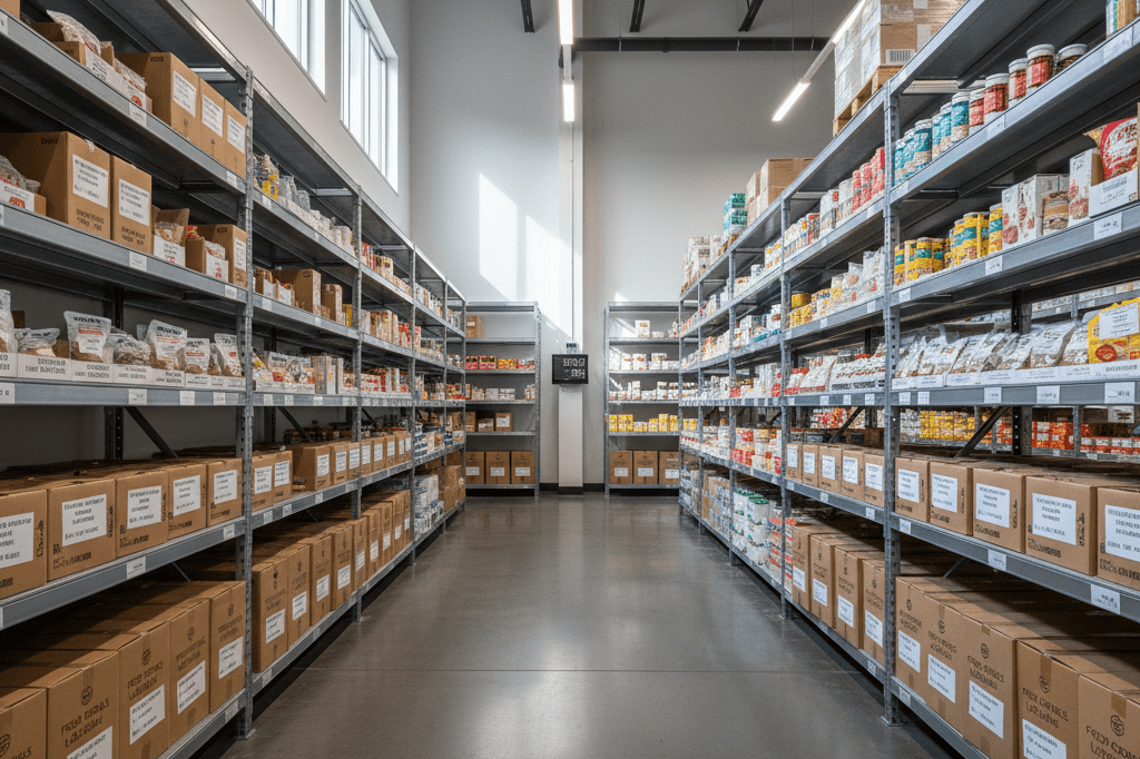 Wide view of a warehouse aisle with labeled food boxes under natural light, highlighting inventory control measures