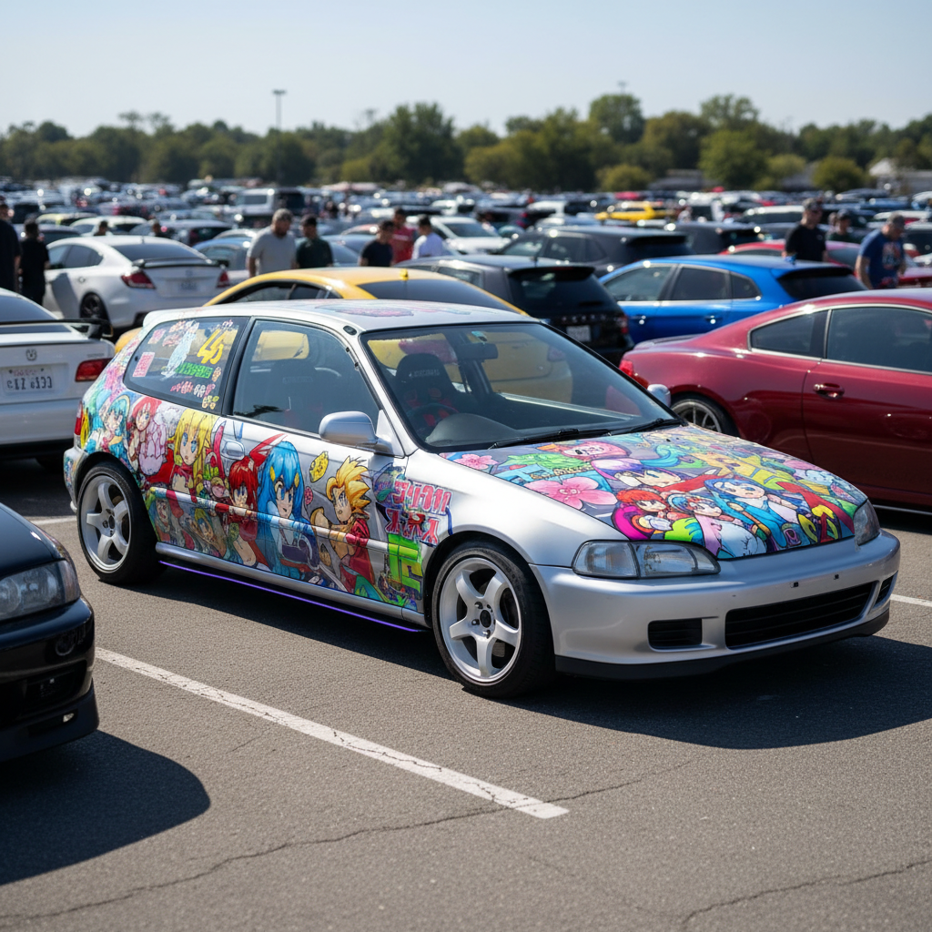 1990s hatchback with vibrant video game Itasha wrap at an outdoor car meet.