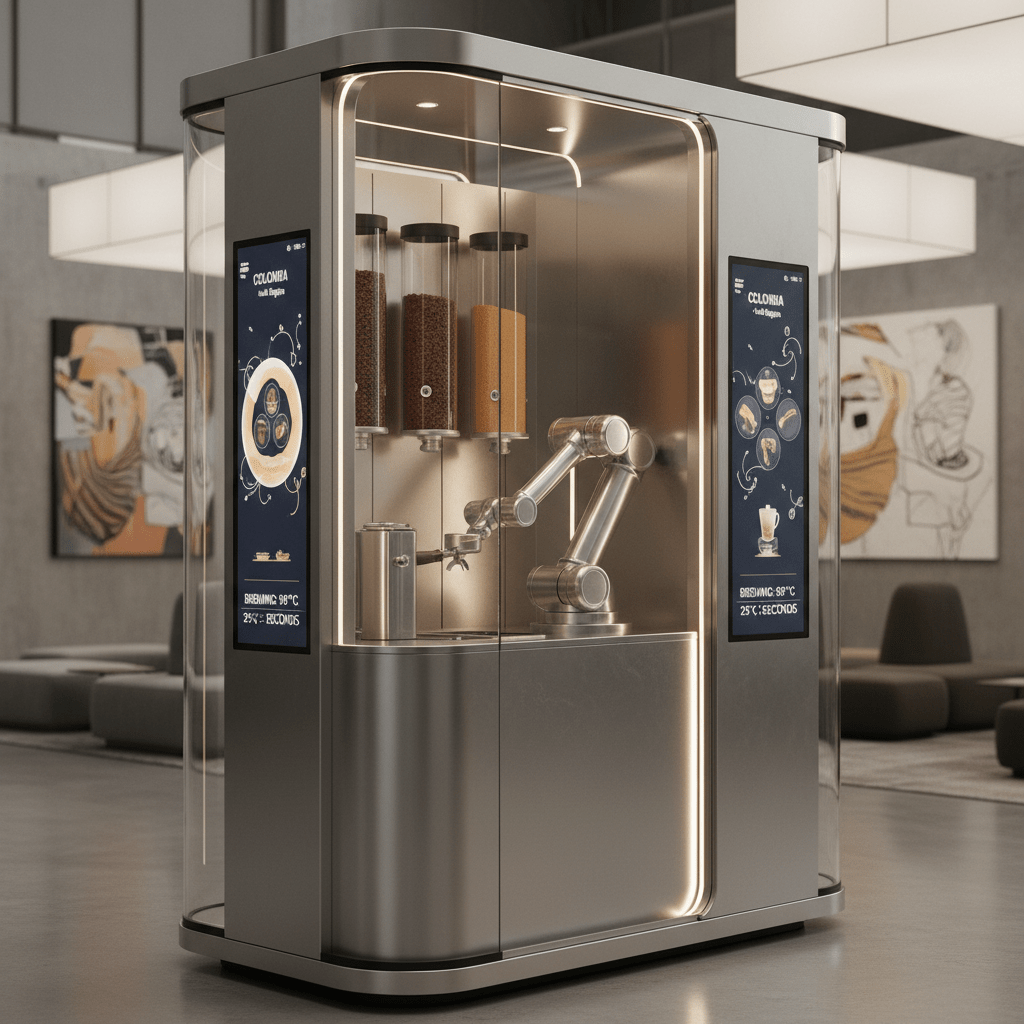 Sleek futuristic vending kiosk with robotic arm preparing artisanal coffee.