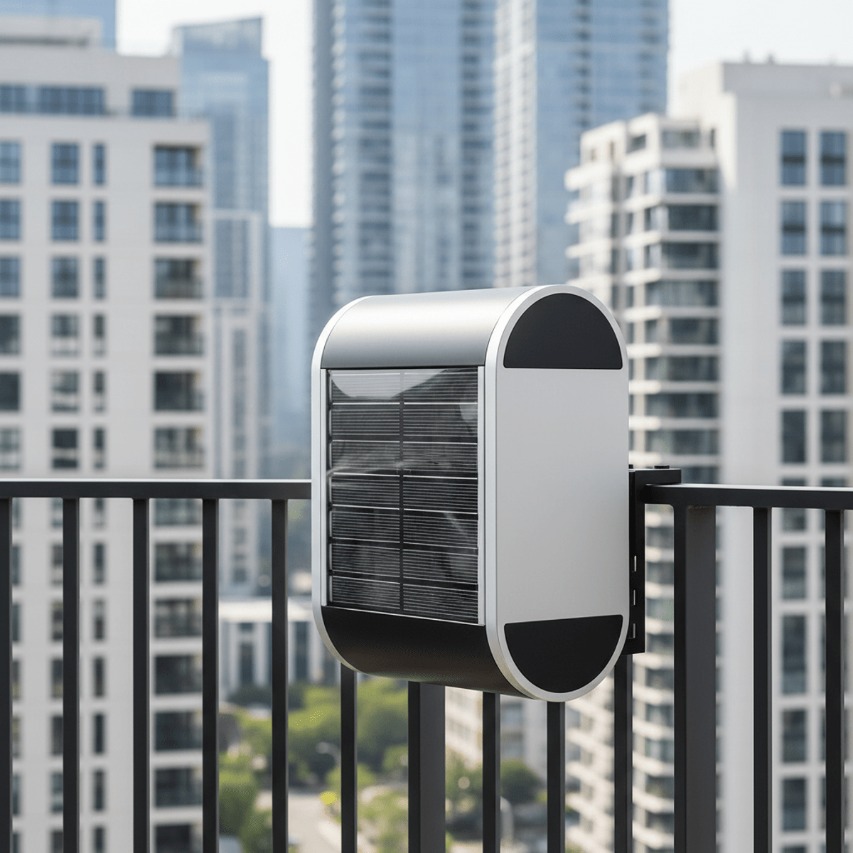 Sleek balcony solar heater with curved aluminum housing on urban apartment railing.