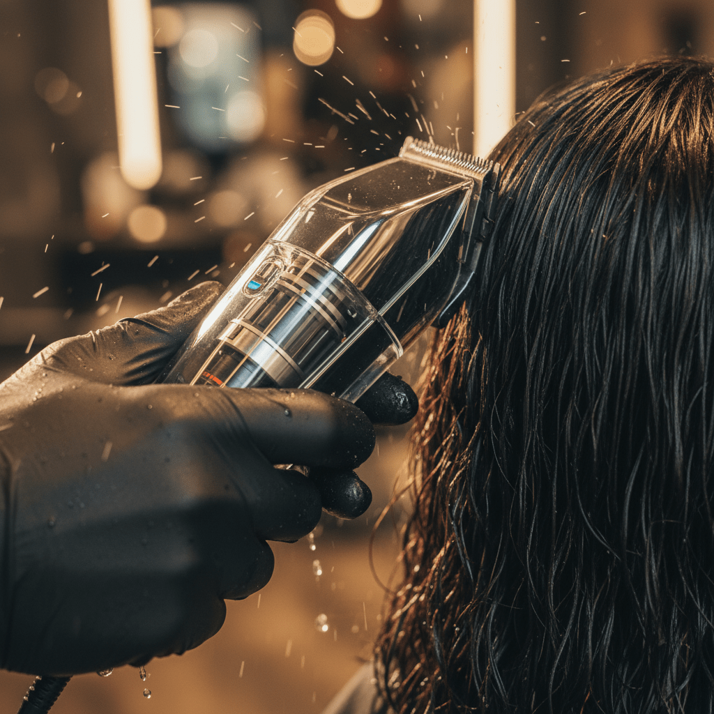 Close-up of futuristic clippers cutting wet hair, revealing internal motor.