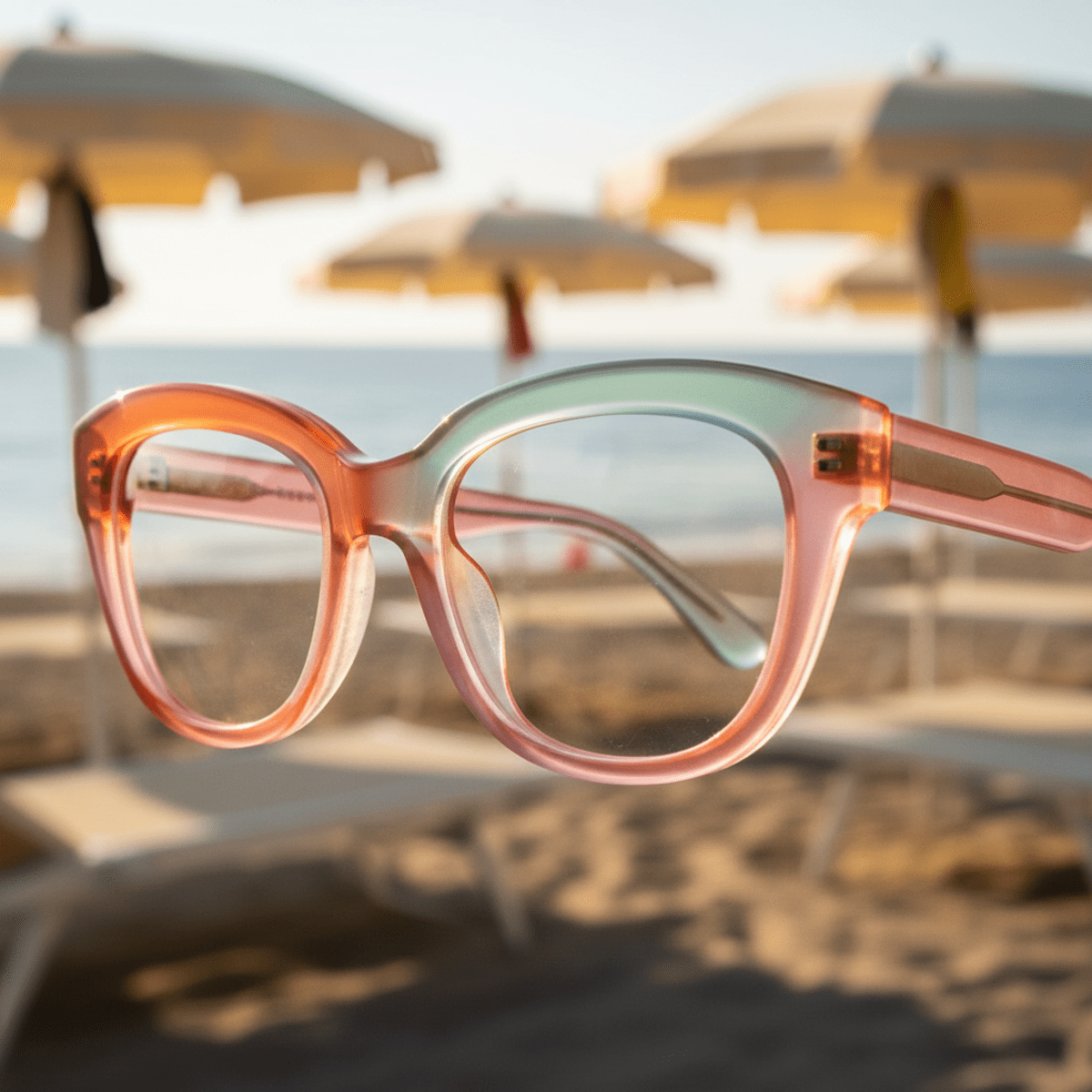 Trendy glasses with colorful translucent acetate frames refract bright sunlight.