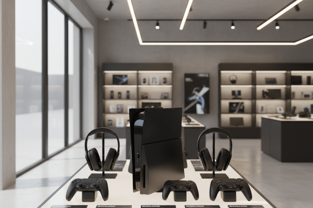 Wide-angle view of PlayStation setup in a retail store under natural light, highlighting gaming innovation and merchandising