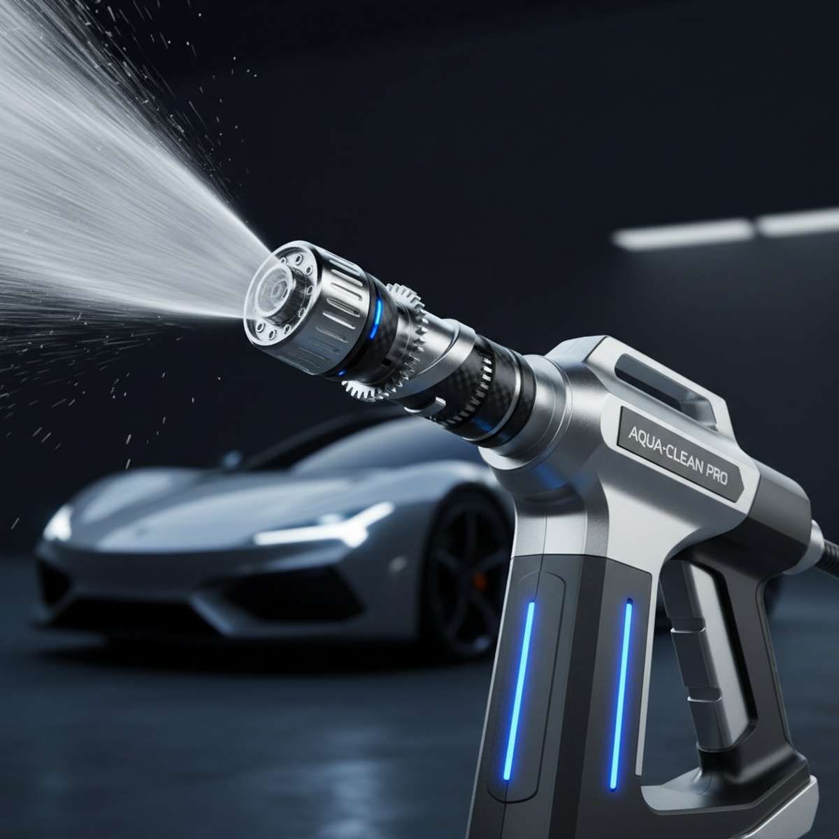 Close-up of a futuristic pressure washer nozzle with multi-pattern head.