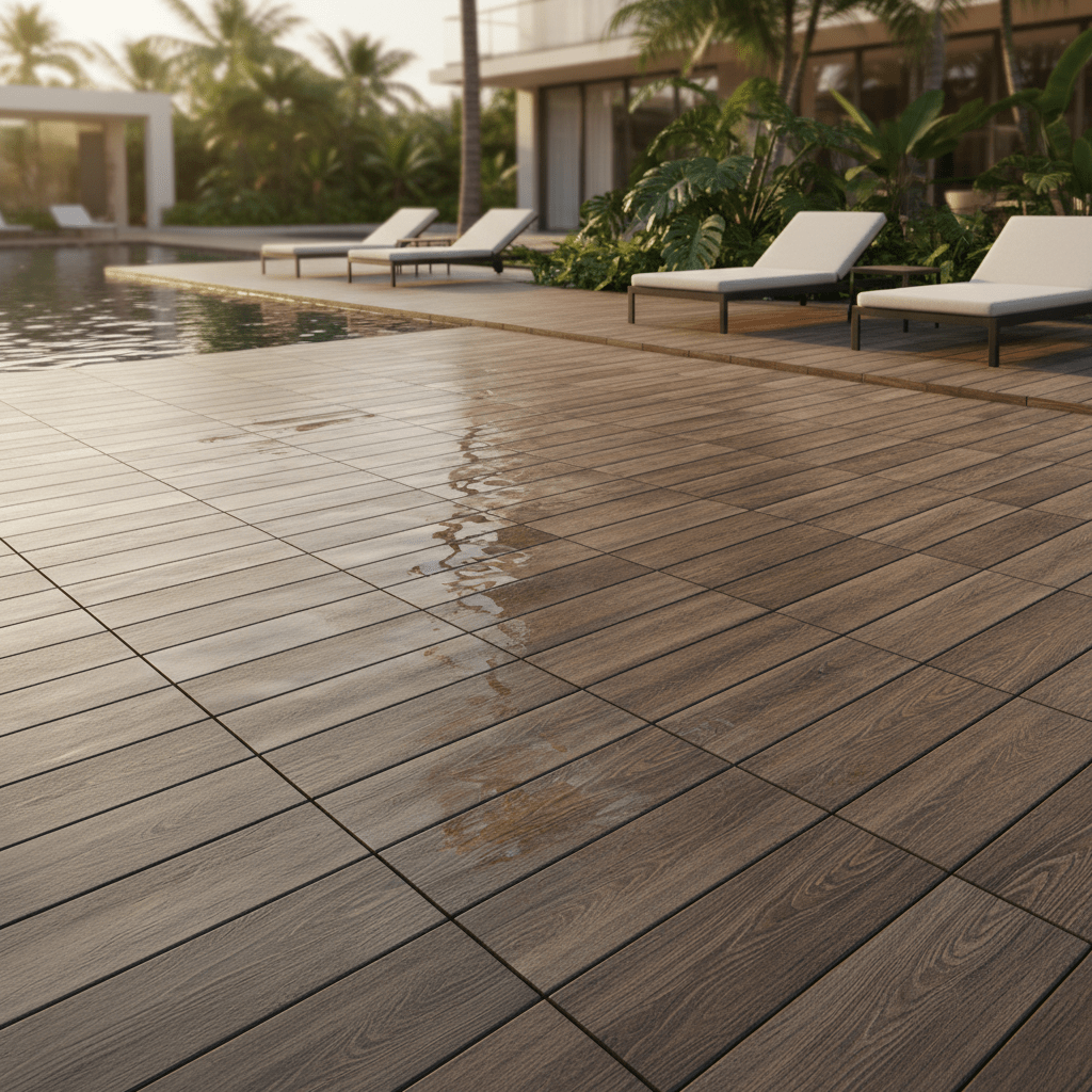 Seamless grid of 24x24 wood-look porcelain pavers with realistic teak grain.