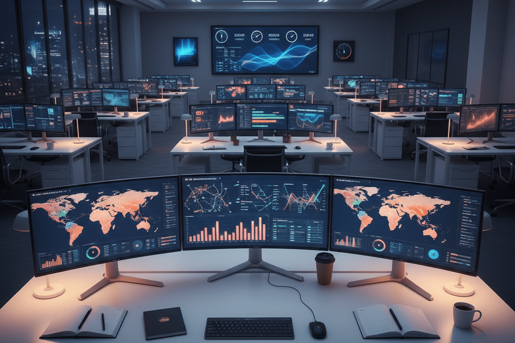 Wide shot of a digital marketing workspace with analytics dashboards under warm ambient light, highlighting strategic campaign management