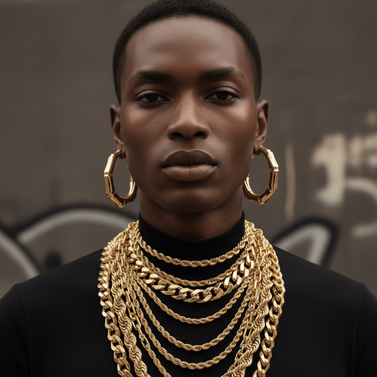 Model in 2026 urban fashion with layered gold dookie chains and bamboo hoop earrings.