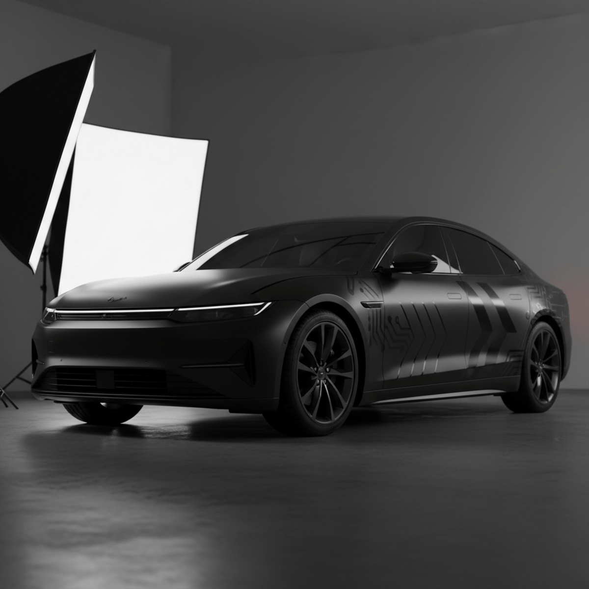 Sleek electric sedan with satin black wrap and subtle ghosted geometric patterns.