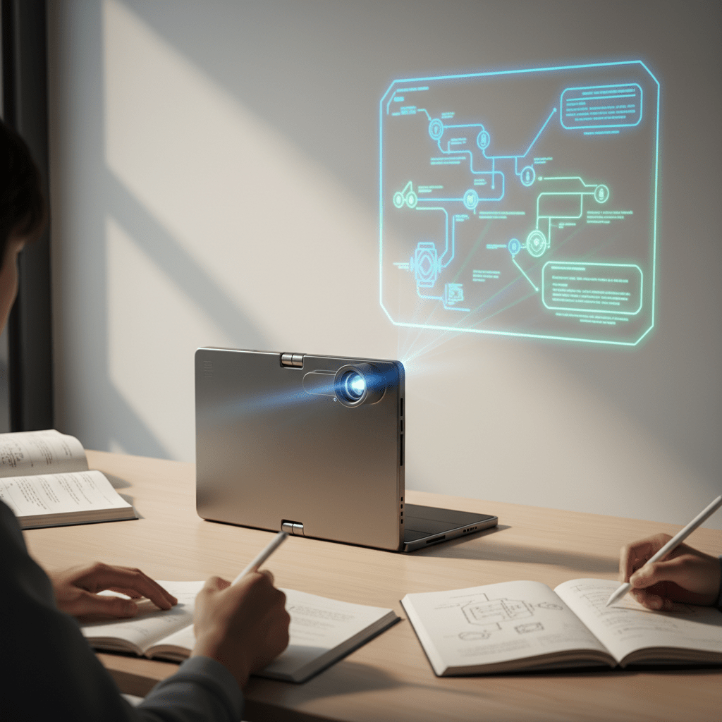 Compact folding tablet projects educational diagram onto a wall in a futuristic classroom.