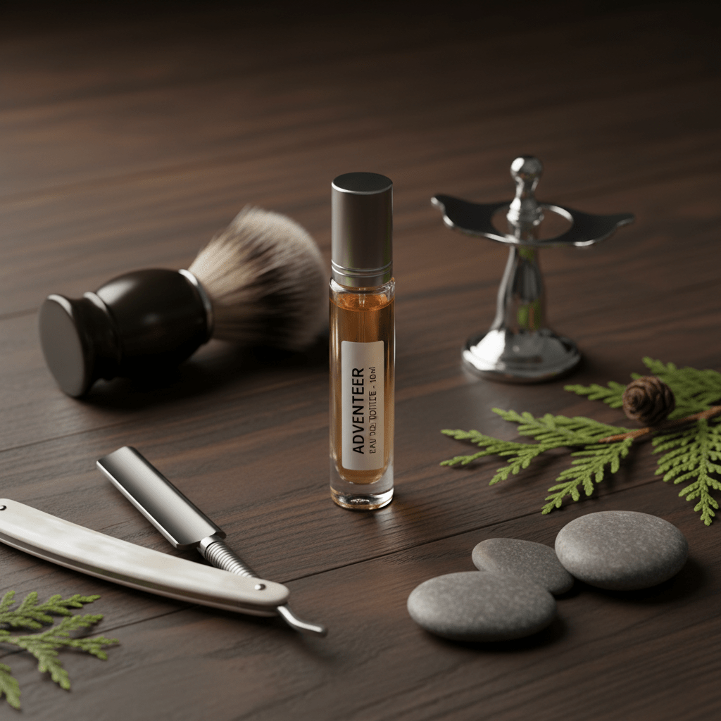 Sleek glass cologne vial with rollerball on dark wood with grooming accessories.