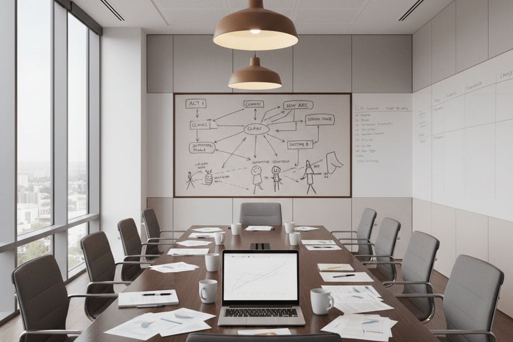 Wide shot of a modern TV production meeting space with corkboard, laptops, and documents under natural light