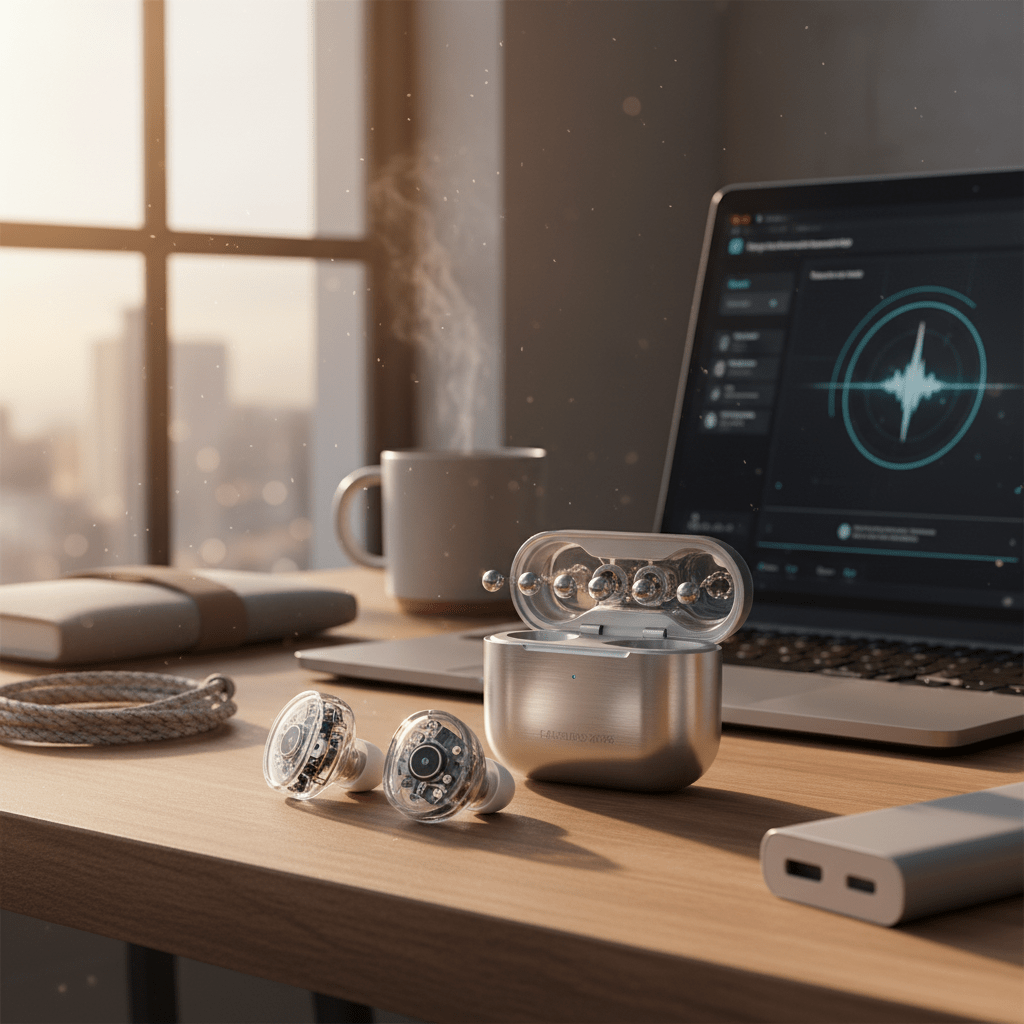 Noise cancelling earbuds on a desk with laptop and charging case.