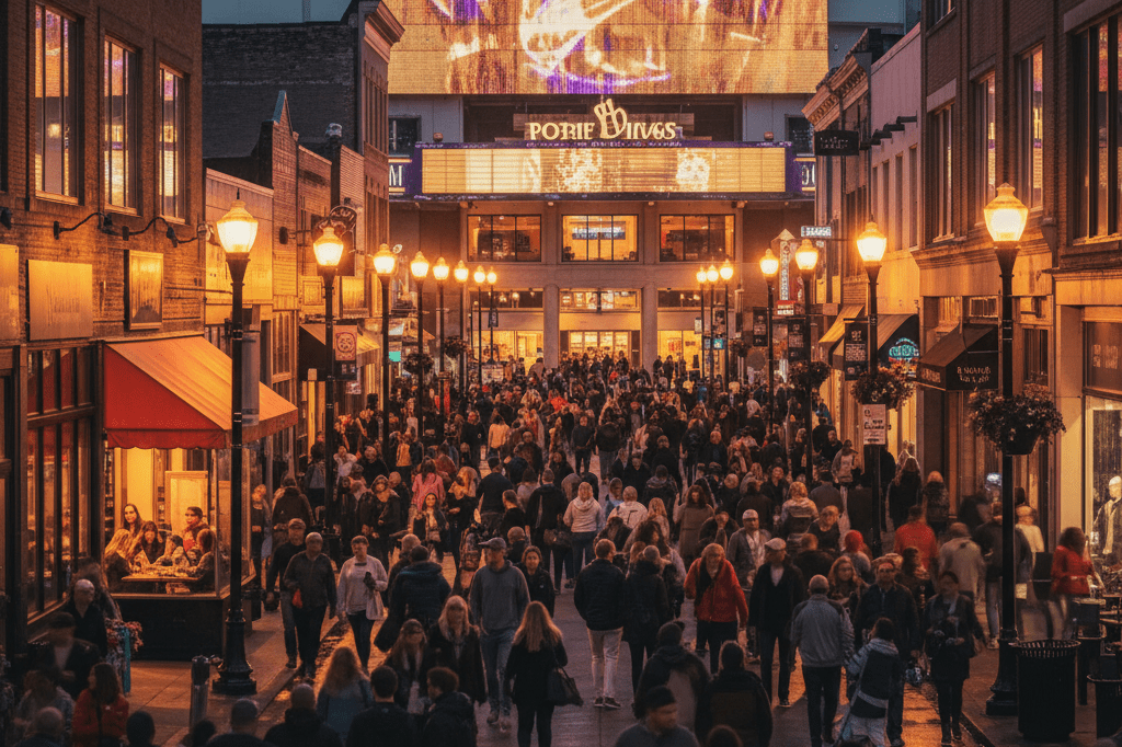 Wide-angle view of a vibrant urban street near an arena, highlighting local businesses benefiting from event-driven activity