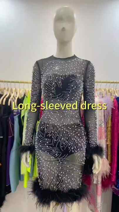 sequin mesh dress knee sleeve LS2484 Women Long Sleeve Knee Length Dress Feather Sexy Mesh Bodycon Dress  Nightclub Rhinestone Beads Dresses